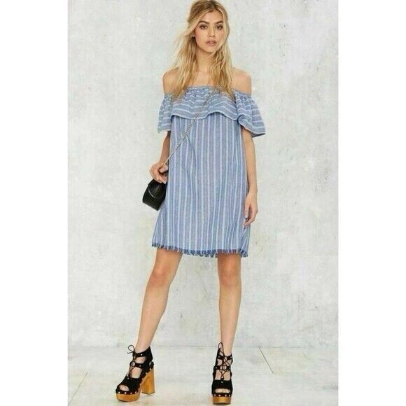 Love Riche | Off Shoulder Mini A-Line Dress Striped Linen‎ Cotton Blue | Medium - Picture 1 of 12